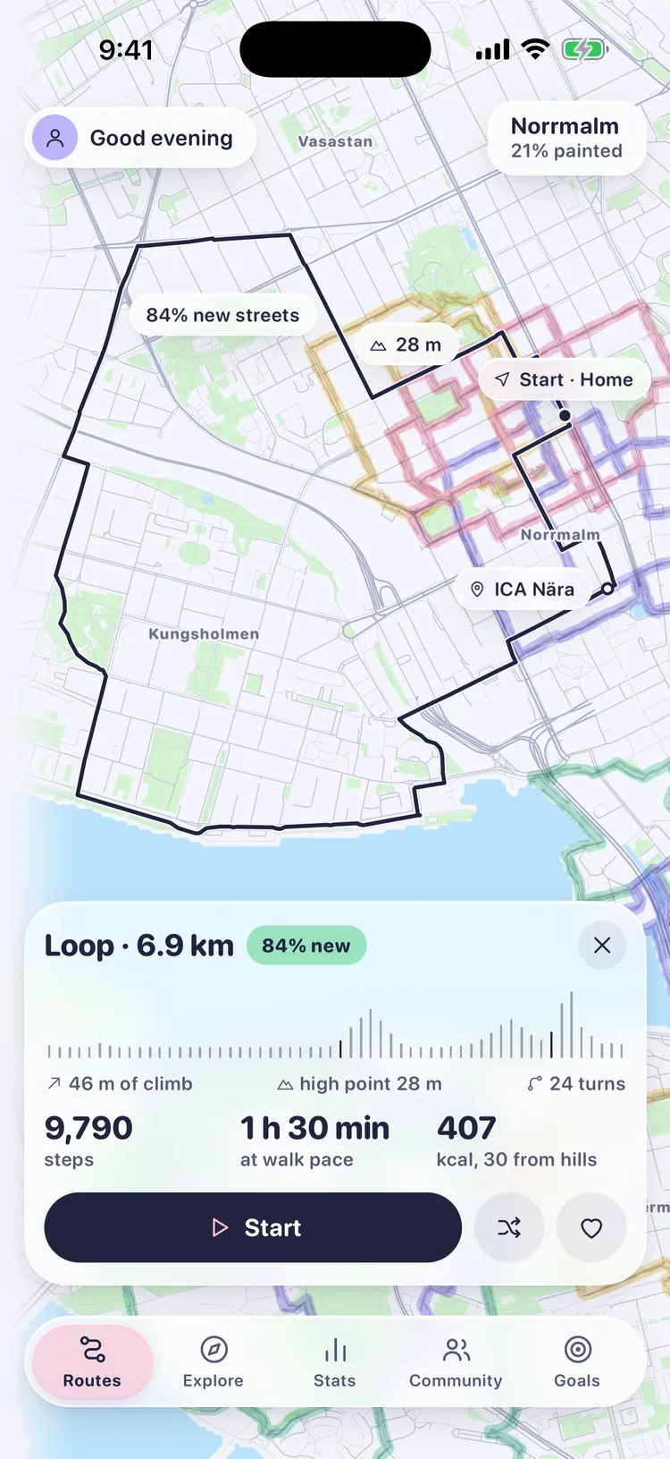 wayloop på iPhone: en runda på 6,9 km hemifrån som går förbi ICA Nära på vägen, 84 % av den på nya gator.