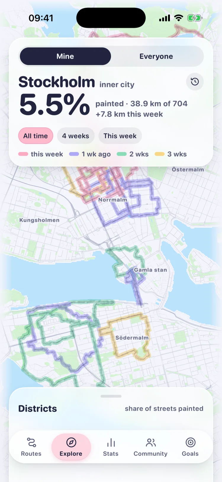 wayloop på iPhone: 5,5 % av Stockholms innerstad är målad, varje gata i färgen för veckan då du tog den.