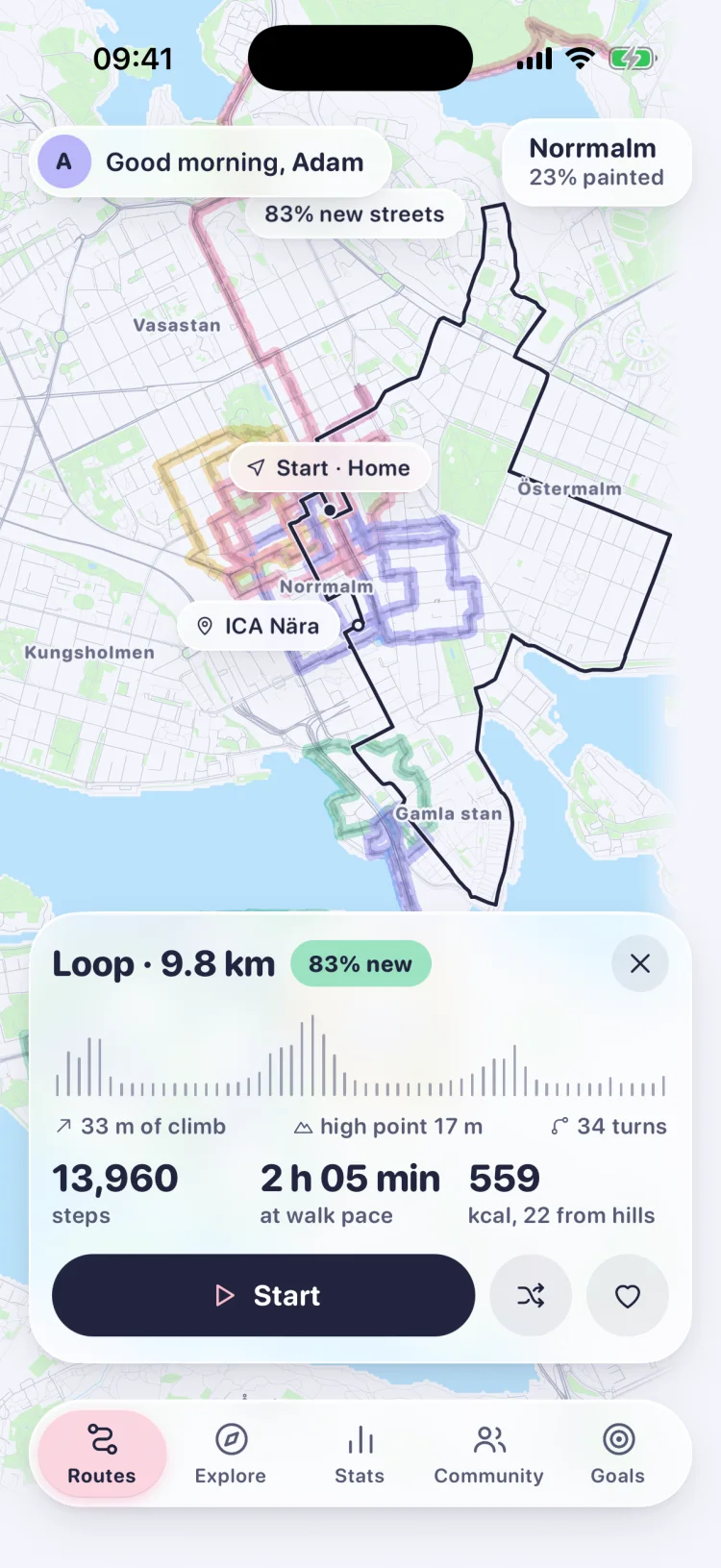 wayloop på iPhone: en runda på 9,8 km hemifrån, ritad på kartan över Stockholm. 83 % av den går på nya gator, och under den står stigning, steg och tid.