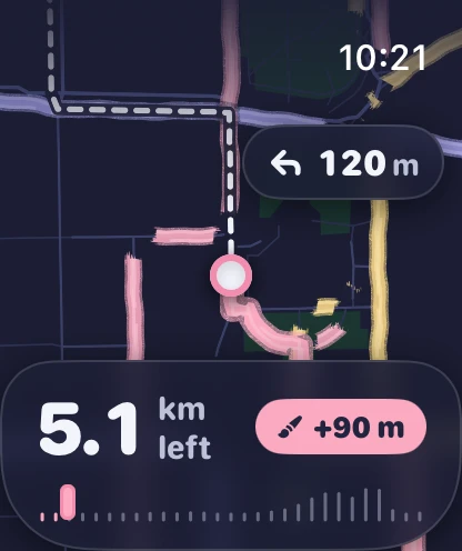 wayloop på Apple Watch: den målade kartan vrider sig med dig. Vänstersväng om 120 m, 5,1 km kvar och 90 m nymålat.